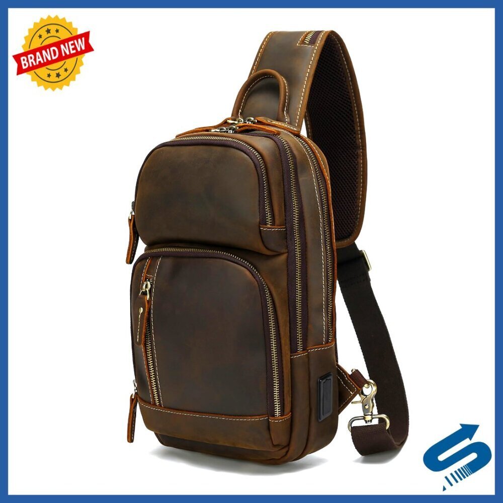 Full Grain Leather Sling Bag Crossbody Daypack iPad Compatible Men's Shoulder